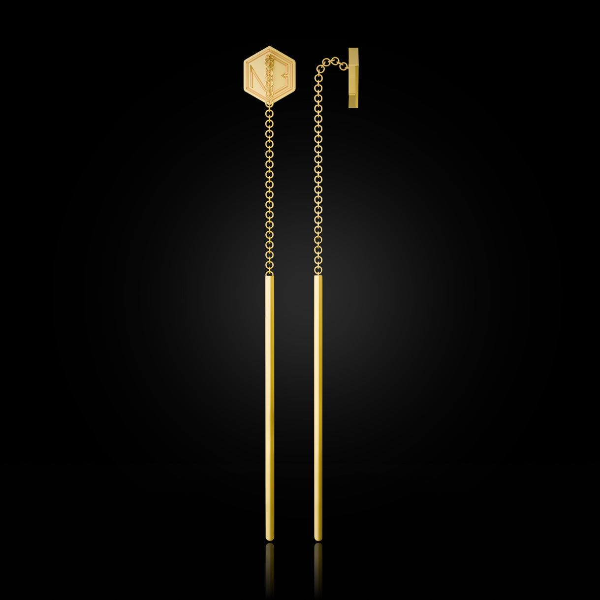 Side view of SEE YOU Threader Earrings in Bravura Yellow Gold. Sculptural gold silhouette designed for impact. Sustainable gold jewelry, handcrafted artisan jewelry, ethical luxury, high-end jewelry, fine jewelry, and statement earrings.